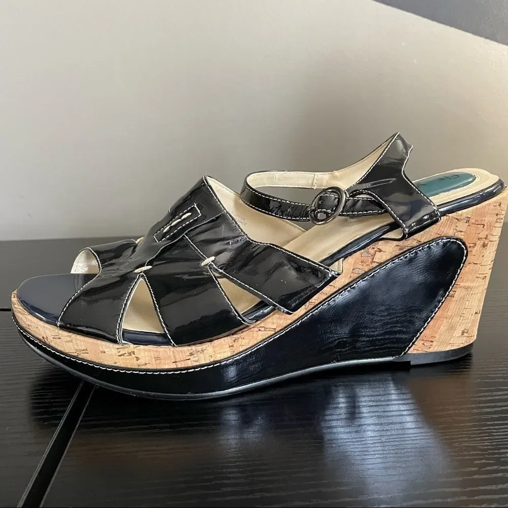 Fitzwell Navy Patent Leather and Cork Platform Wedge Strap Sandals, 9 1/2